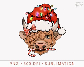 Christmas PNG Santa Cow Sublimation Design, Highland Cow png Print File, Country Farm Holiday png for Sublimation, Christmas Lights png