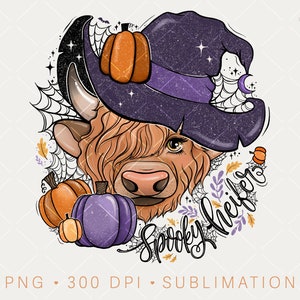 Highland Cow PNG Spooky Heifer Hand Lettered Sublimation Design for Fall, Longhorn Fall Witch Clipart, Orange Purple Pumpkins, Halloween Cow