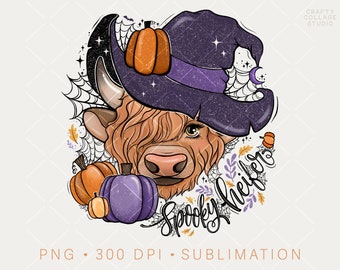 Highland Cow PNG Spooky Heifer Hand Lettered Sublimation Design for Fall, Longhorn Fall Witch Clipart, Orange Purple Pumpkins, Halloween Cow