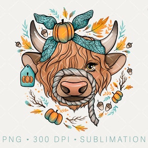 Herbst Highland Kuh PNG für Sublimation, Longhorn Highland Kuh mit Kürbissen Blätter, Kuschelige Herbst Farm PNG, Süße Halloween Kuh PNG