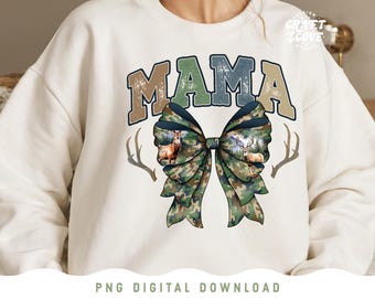 Archivo de imagen de sublimación de arco de ciervo de Hunting Mama PNG, estilo universitario, archivo de camisa de temporada de caza, arco de coqueta de camuflaje, sublimación de ciervos para caza PNG