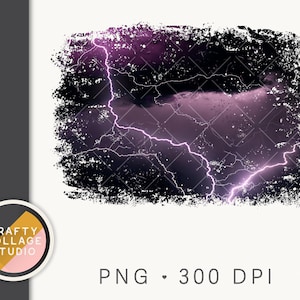 May include: A digital illustration of a purple and black lightning storm with a grunge texture. The lightning bolts are white and the background is a dark purple with black speckles.