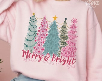 Merry & Bright PNG Sublimation File, Pink Pastel Christmas Sublimation Digital Download, Hand Drawn Christmas Trees, Pretty Pink Christmas