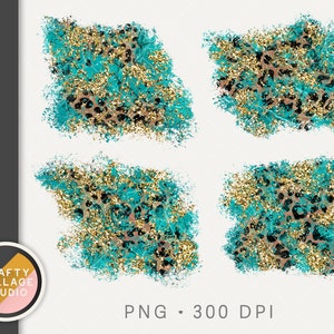 May include: Four digital clipart images of turquoise and gold glitter with a leopard print pattern. PNG, 300 DPI.