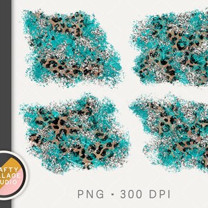 May include: Four digital paper designs featuring a turquoise blue and silver glitter background with a brown leopard print overlay. PNG, 300 DPI.