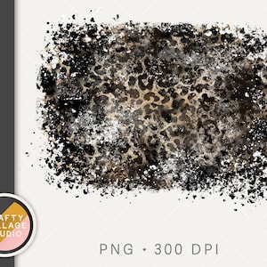 Pode incluir: Um design digital com estampa de leopardo com manchas pretas e marrons, sobreposto com tinta preta salpicada. O design é rotulado como "PNG - 300 DPI" e inclui o logotipo "Crafty Collage Studio".