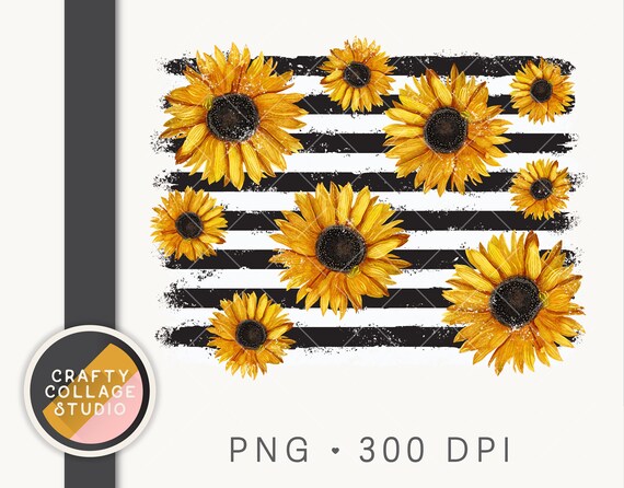 Sunflower PNG Sublimation Design, Floral Flower Background for Sublimation, DTG Printing, Black White Stripes Backsplash, Distressed Png