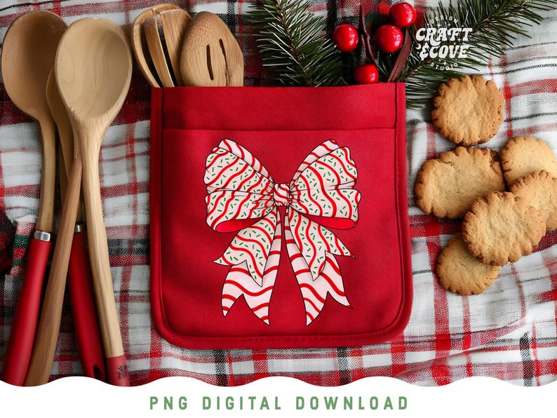 May include: A red kitchen apron with a bow design, wooden spoons, and cookies. The bow is white with red stripes and green sprinkles. The apron is in a pocket shape. The background is a red and white checkered pattern.