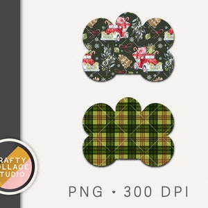 Christmas Dog Tag PNG for Sublimation, Winter Bone Tag Design PNG, Plaid Dog Tag Template, Add Your Own Text #4738, Woodland Sublimation Png