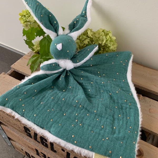 Doudou bébé en double gaze de coton pois dores et peluche certifiées oeko tex