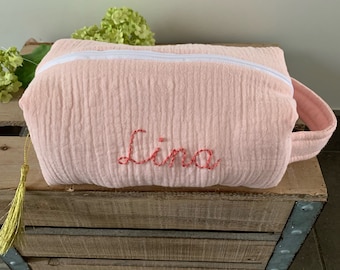 Personalized toiletry bag in double organic quilted cotton gauze, makeup kit gift idea, baby kit