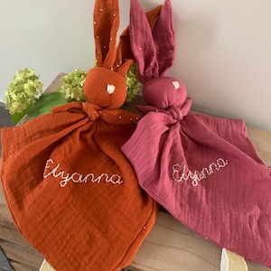rabbit in double gauze with golden polka dots and plain certified oeko tex first name, flat baby comforter organic baby first name