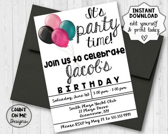 May include: Editable birthday party invitation with balloons and the text "It's party time! Join us to celebrate Jacob's Birthday. Saturday, June 1st 3:00 pm - 1:00 pm. South Plaza Yacht Club. 22 Plaza Drive. Oceanview, NY. Please RSVP by May 14 to 555.333.4444."
