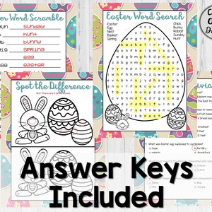 May include: Easter-themed activity sheets with word scrambles, word searches, spot-the-difference games, and trivia questions. The sheets feature Easter eggs and bunnies. Answer keys are included.