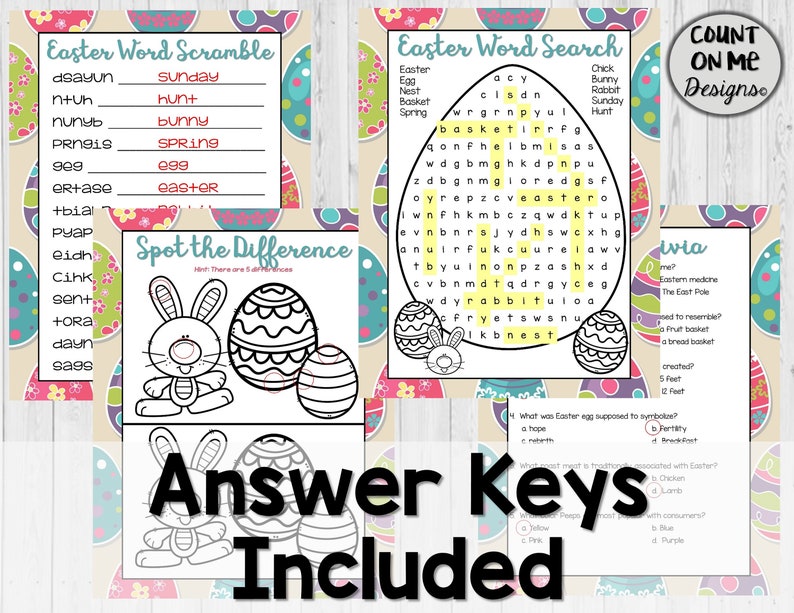 May include: Easter-themed activity sheets with word scrambles, word searches, spot-the-difference games, and trivia questions. The sheets feature Easter eggs and bunnies. Answer keys are included.
