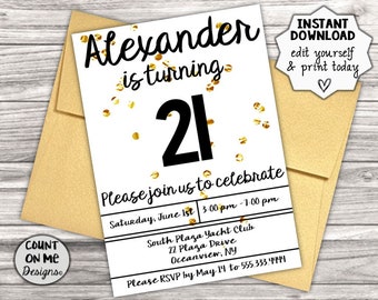 May include: A white printable invitation with gold confetti and black text. The invitation reads "Alexander is turning 21. Please join us to celebrate. Saturday, June 1st 3:00 pm - 1:00 pm. South Plaza Yacht Club, 22 Plaza Drive, Oceanview, NY. Please RSVP by May 14 to 555.333.4444."