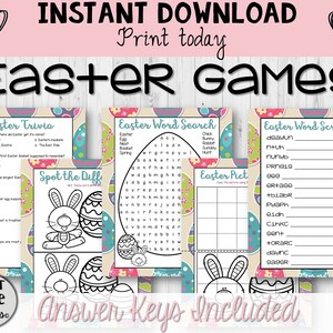 May include: A printable Easter games bundle with trivia, word search, spot the difference, and word scramble activities. The design includes Easter eggs, bunnies, and floral accents. The text says "Instant Download" and "Answer Keys Included."