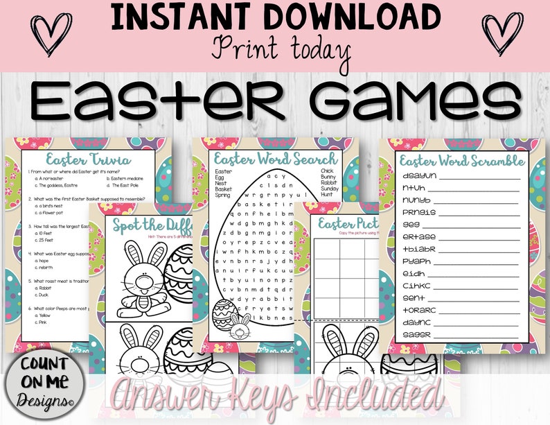 May include: A printable Easter games bundle with trivia, word search, spot the difference, and word scramble activities. The design includes Easter eggs, bunnies, and floral accents. The text says "Instant Download" and "Answer Keys Included."