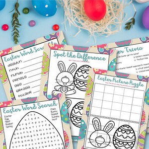 May include: A collection of Easter-themed activity sheets, including word searches, trivia, and puzzles. The sheets feature colorful designs with Easter eggs and bunny illustrations, perfect for kids' activities.