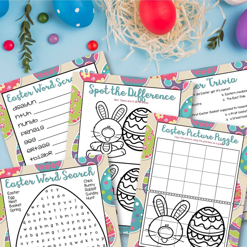 May include: A collection of Easter-themed activity sheets, including word searches, trivia, and puzzles. The sheets feature colorful designs with Easter eggs and bunny illustrations, perfect for kids' activities.