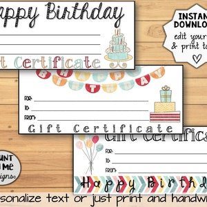 Printable Birthday Gift Certificates Variety Package