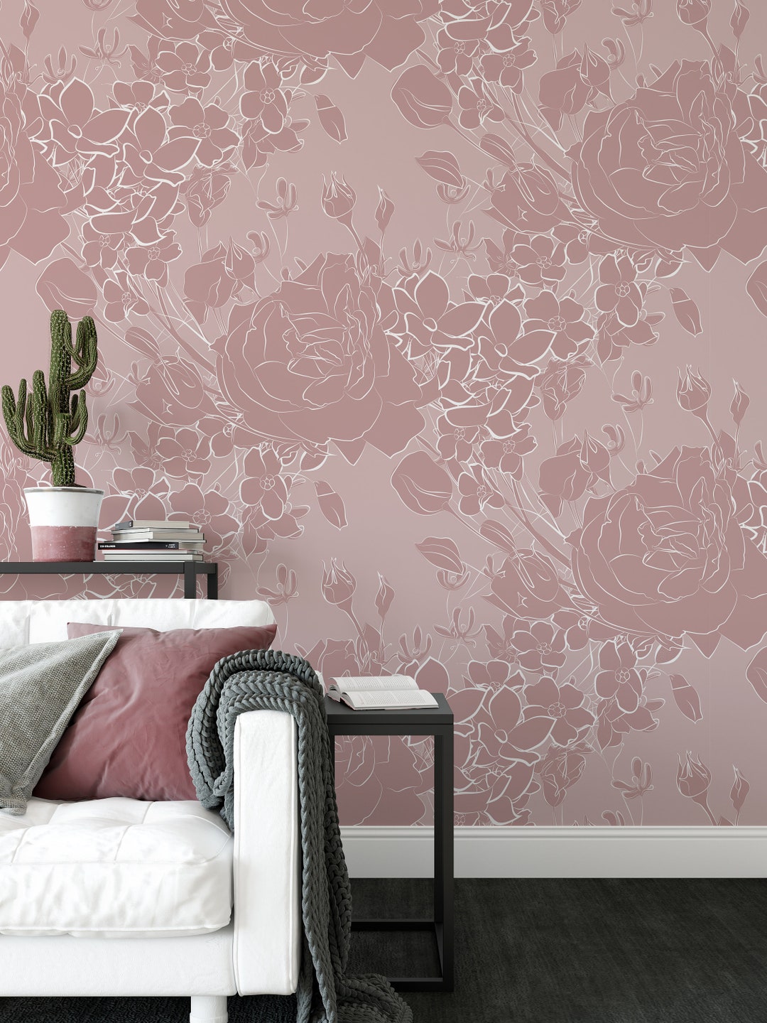 Dusty Rose Floral Wallpaper. Removable and Self Adhesive . - Etsy