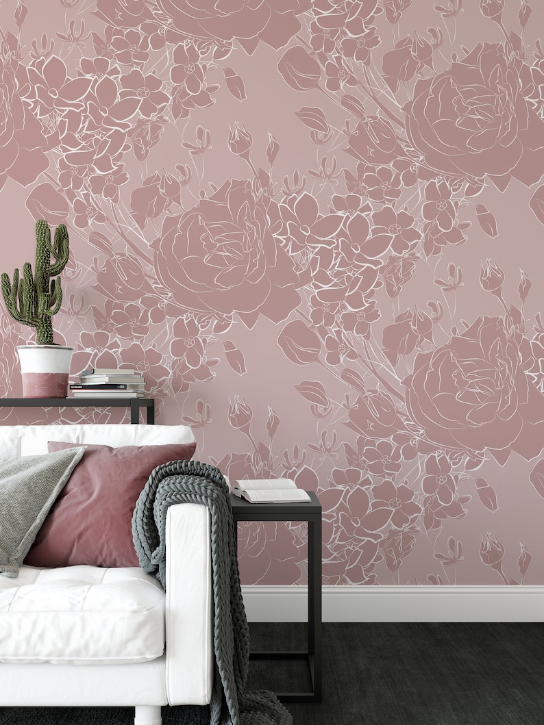 Dusty Rose Floral Wallpaper. Removable and Self Adhesive . Etsy