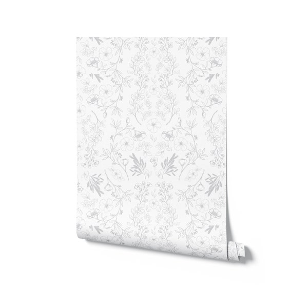 Minimal Floral Wallpaper. Removable and Self Adhesive. Peel and Stick Wallpaper. Accent Wall. Mural. Any Color Available. fog. *