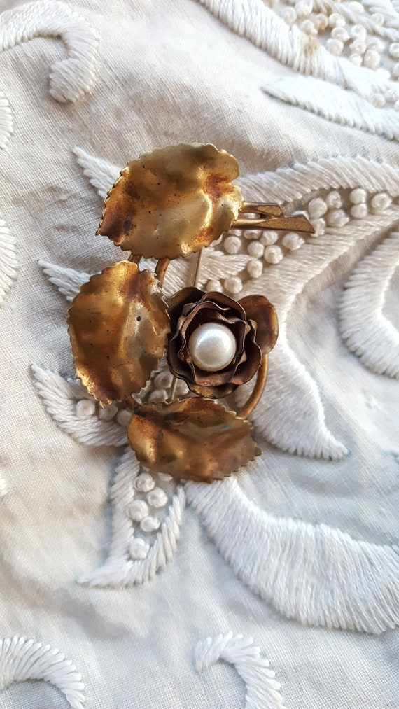 Broche Ancienne Or 14 Carats - Fleur Grenat - Art Déco - Signée