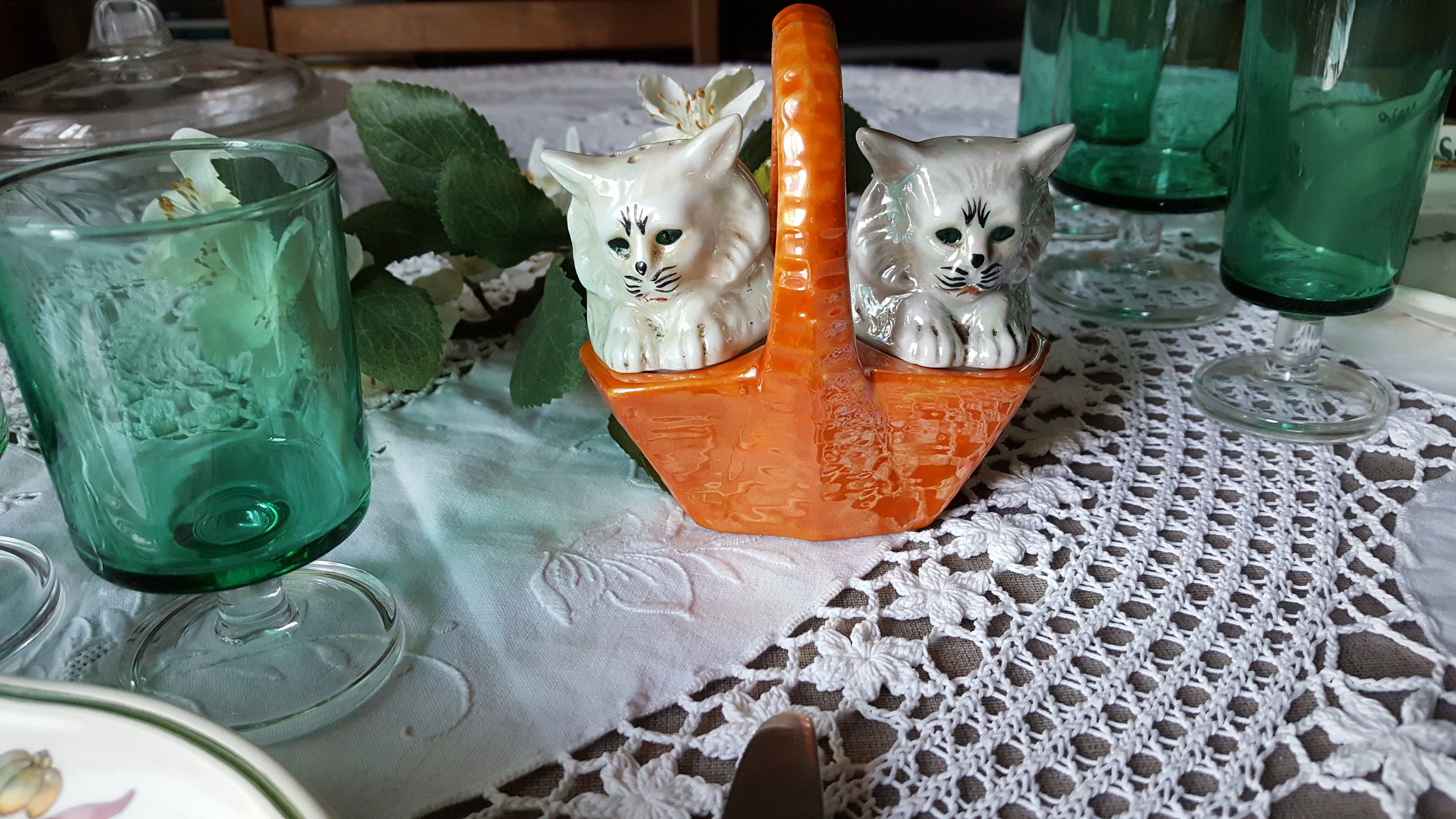 Salière Poivrier Chat Animal Porcelaine de Limoges Vintage Antiquité Français