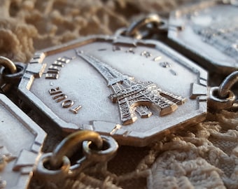 Paris France bracelet vintage silver metal charms medals souvenir