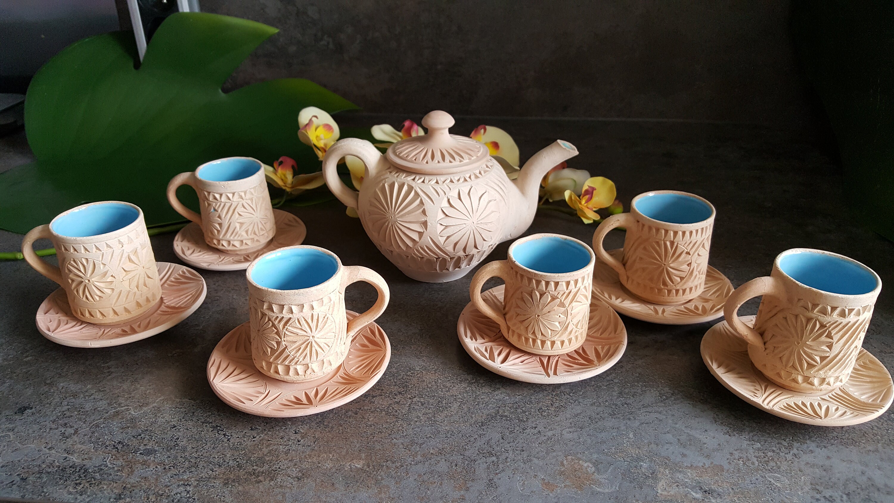 Service à Thé ou Café Artisanal Poterie Émail Bleu Turquoise Hand Made