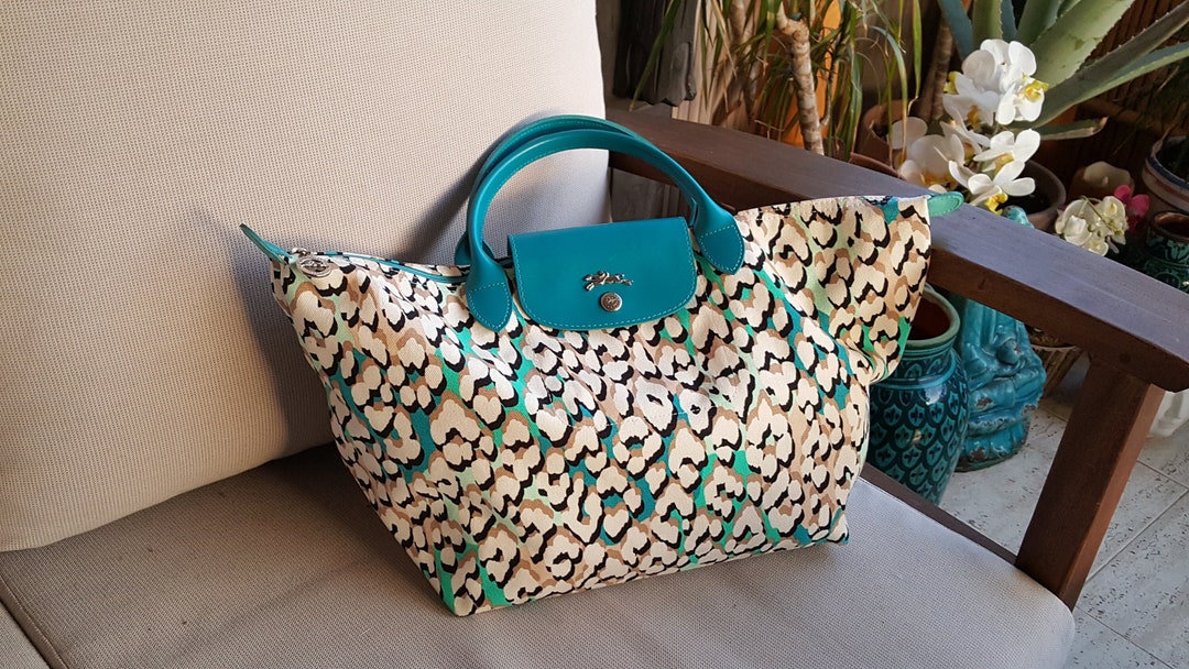 Longchamp Pliage Bag Turquoise Blue and Panther Vintage Limited Edition 