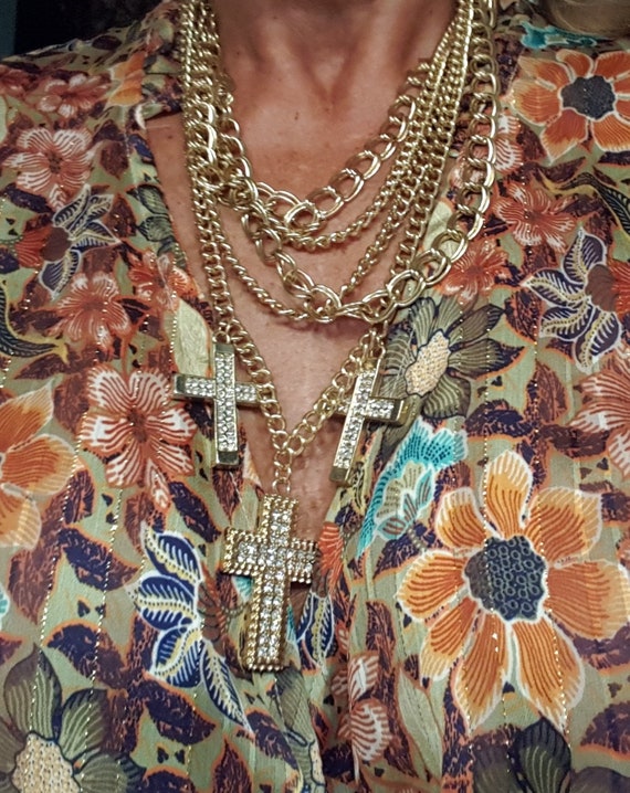 golden multi-chain necklace with vintage rhinesto… - image 1