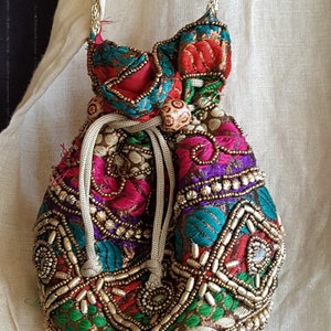 Vintage boho hippie fabric purse with embroidery and beads
