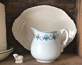 Antique White Ironstone with Blue Transfer Ware Pouring Pitcher Jug Made in England
