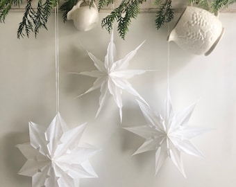 Weiß Papierstern Schneeflocken 3er Set/Papiertüte Schneeflocke/Papiertüte Stern/Skandinavische Weihnachten/Papierornament/hängende Schneeflocke/hängender Stern
