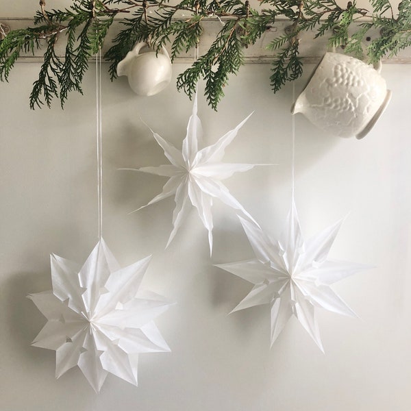 White Paper Star Snowflakes Set of 3/Paper Bag Snowflake/Paper Bag Star/Scandinavian Christmas/Paper Ornament/Hanging Snowflake/Hanging Star