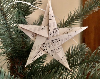5 Paper Stars. Christmas Tree Star. Christmas Ornament. Handmade. Vintage Ephemera. Rustic Christmas. Hanging Star. Origami Star. Rhinestone
