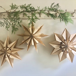 Lot de 3 flocons de neige étoiles en papier kraft/fait main, ornement en papier/sac en papier Flocons de neige/sac en papier étoile/flocon de neige étoiles/séance photo de Noël