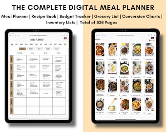 Könnte beinhalten: Ein digitaler Meal Planner auf dem Bildschirm eines iPads. Der Planer enthält einen Kalender, einen Meal Planner, ein Rezeptbuch, einen Budget-Tracker, eine Einkaufsliste, Umrechnungstabellen und Inventarlisten. Der Planer umfasst insgesamt 838 Seiten.