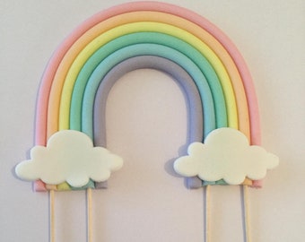 Edible Rainbow cake topper decoration. Pale pastel Sugar paste fondant.