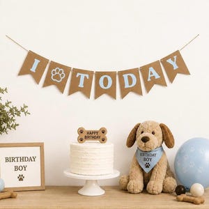 Dog/cat pet birthday bunting “1 today” banner. Any age and custom colours. Dog birthday party. Extra age provided to reuse next year