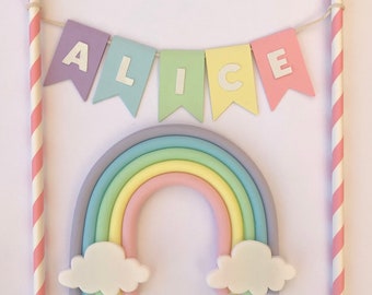 Edible Rainbow cake topper decoration with personalised cake bunting. Sugar paste, fondant