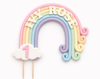 Personalised Rainbow cake topper.  Edible, fondant sugar paste. Pale Pastel unicorn rainbow colours.1st birthday, baby shower