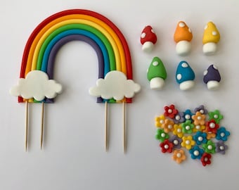 Edible Rainbow cake topper decoration. Plus 6 toadstools and 24 flowers. Trolls, fairy. fondant, sugar paste