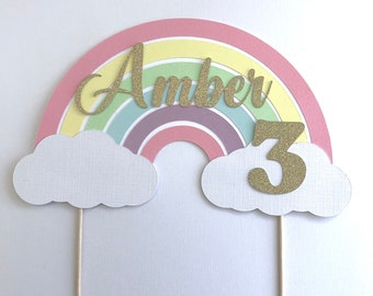 Personalised pastel Rainbow cake topper decoration with glitter name and age. Optional characters. Birthday rainbow