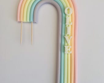 Large personalised Rainbow cake topper decoration. Pale pastel, Sugar paste fondant. No clouds