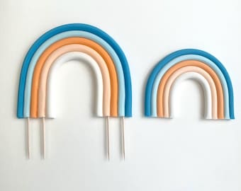 Edible Rainbow Cake topper, decoration. Fondant, Blue, orange and white 1st birthday, blue y themed rainbow 5”wide and 4” wide available