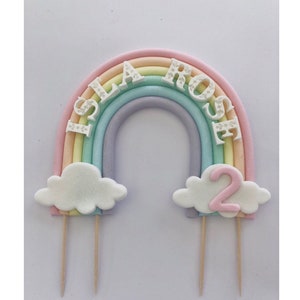 Personalised Rainbow cake topper decoration. edible fondant sugar paste PALE Pastel unicorn, first birthday. 1st birthday. 2 sizes available